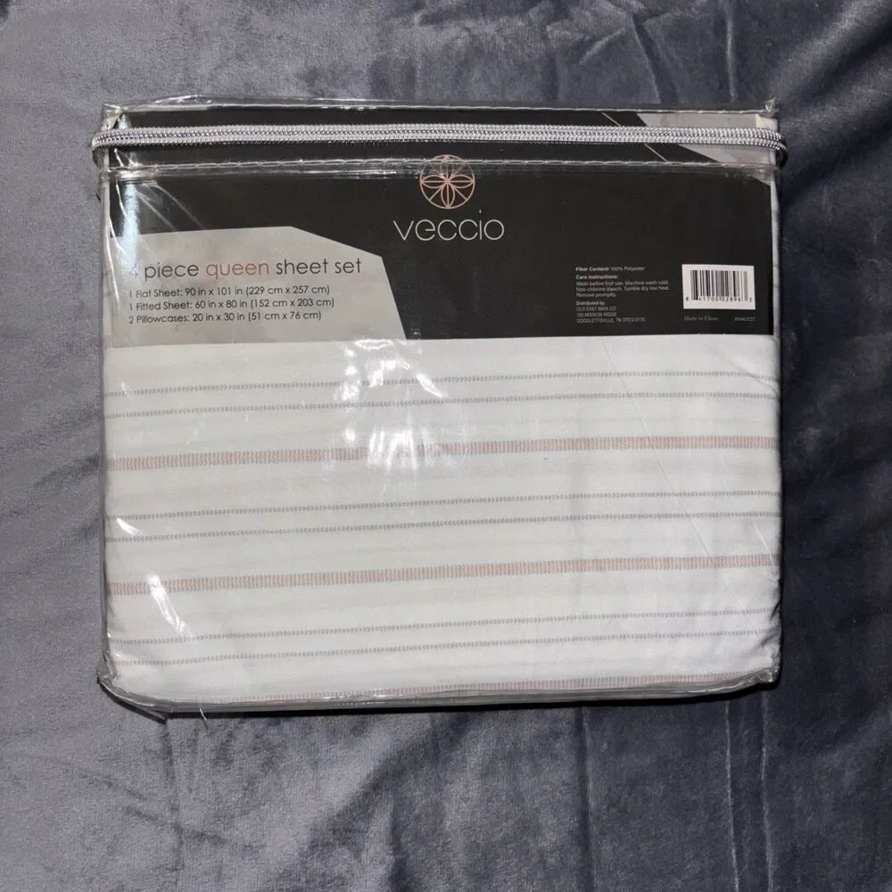 Veccio 4 Piece Queen Sheet Set Pink And Gray Stripes
